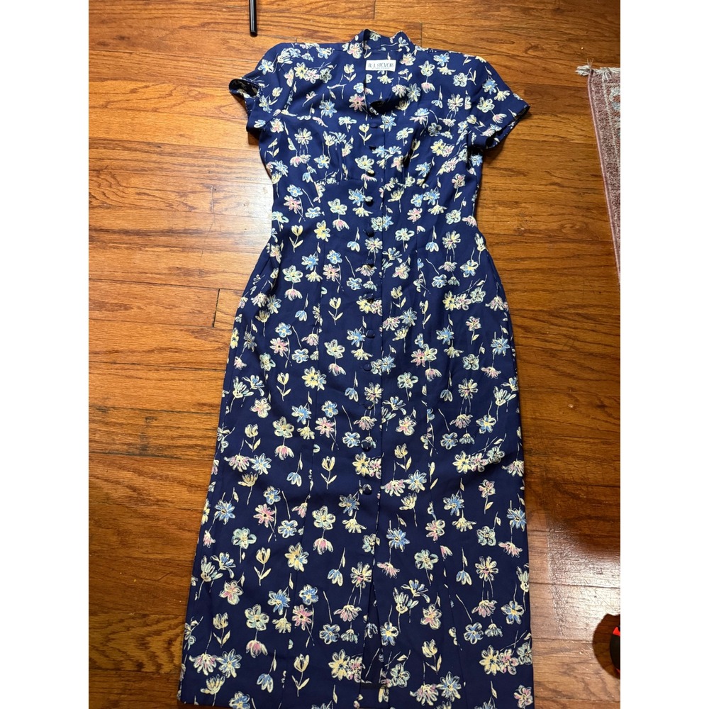 Vintage RJ Stevens Carol Escritor Navy Blue Floral Button Front Maxi Dress L